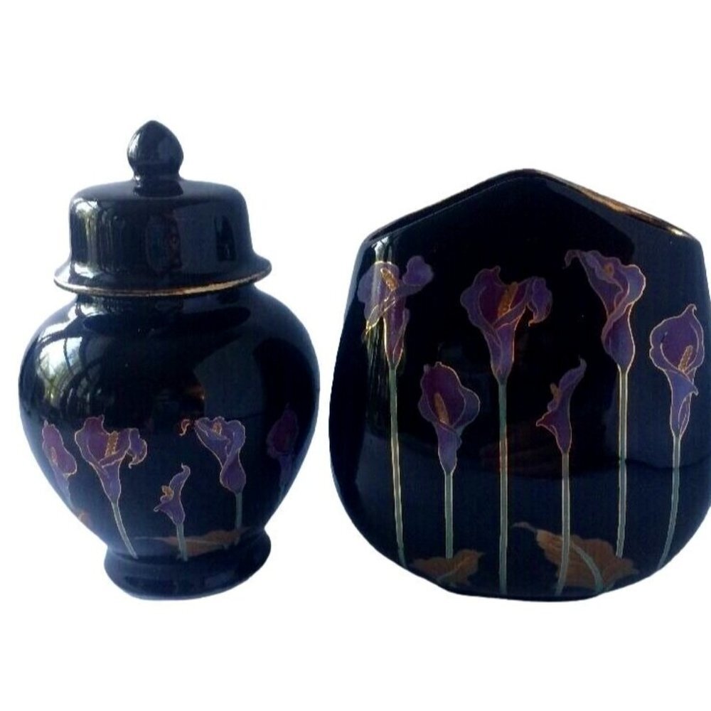 VTG Japan Black Glazed Vase & Ginger Jar Purple Calla Lily Floral Gold Trim 70s